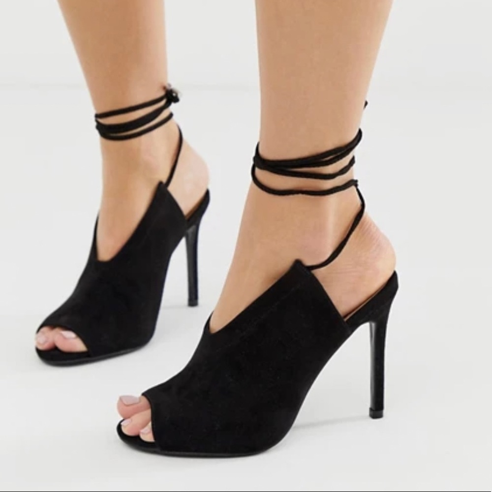 ASOS Ankle Toe Peep Toe Heels Black 6 Faux Suede